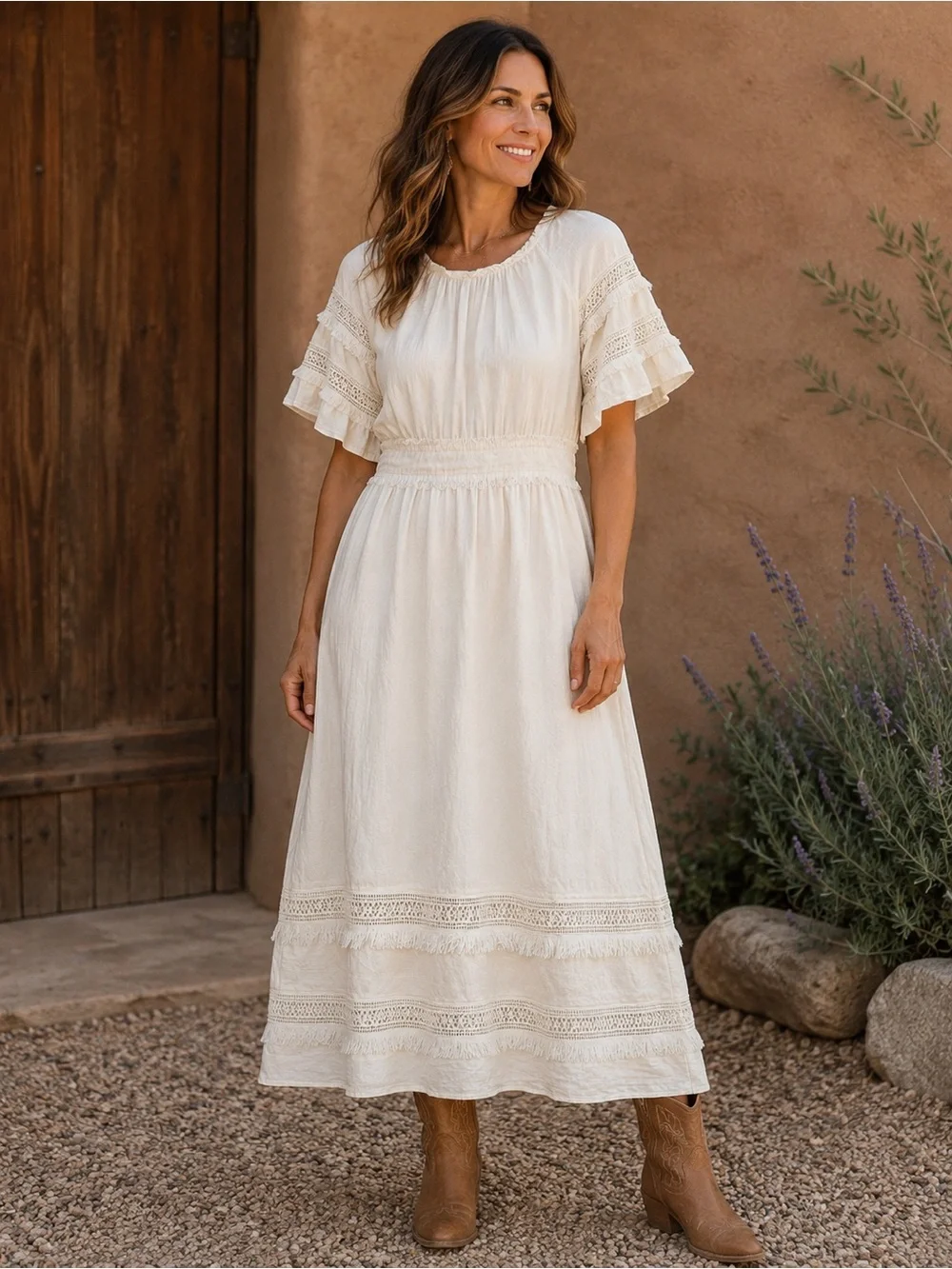 & Other Stories Cream Boho Lace-Trim Midi Dress - Picture 1 of 11